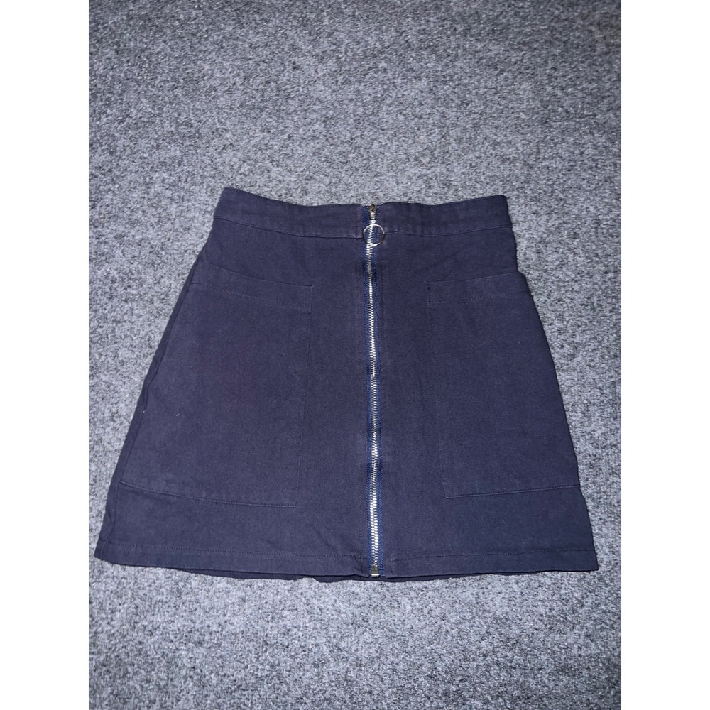 Fashion on Earth Navy Blue Zip Front Mini Skirt XS Cotton A-Line FE22E887DG